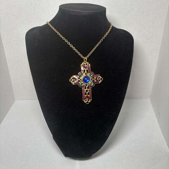 Avon Jewelry - Vintage Avon Signed Cross Necklace Enamel Gold Tone Purple
